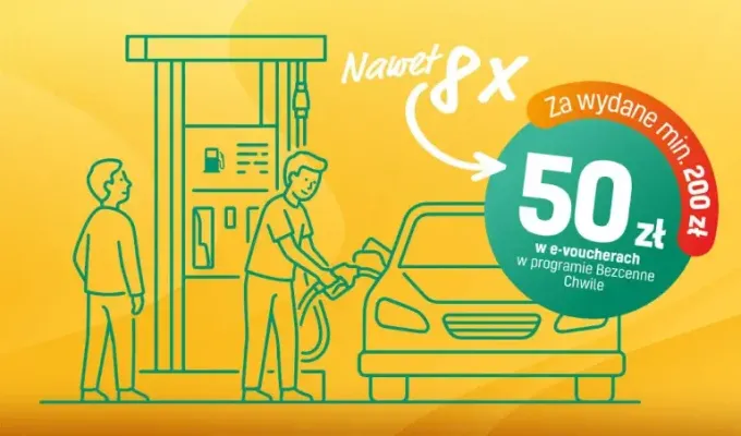 Baner promocyjny programu Bezcenne Chwile: 50 zł w e-voucherach za wydanie minimum 200 zł, nawet osiem razy. Po prawej ilustracja samochodu przy dystrybutorze paliwa.