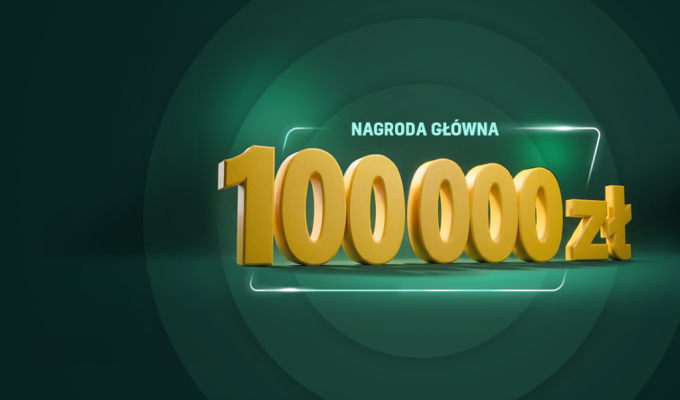 Nagroda główna 100 000 zł na zielonym tle.