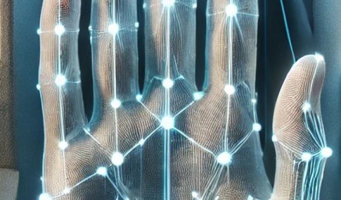 Zbliżenie na dłoń zeskanowaną cyfrowo z siatką świetlnych punktów, symbolizującą technologię biometryczną.