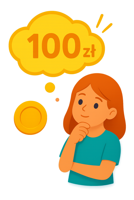 Dziewczynka myśli o 100 zł, nad głową ma żółty obłoczek z tą kwotą
