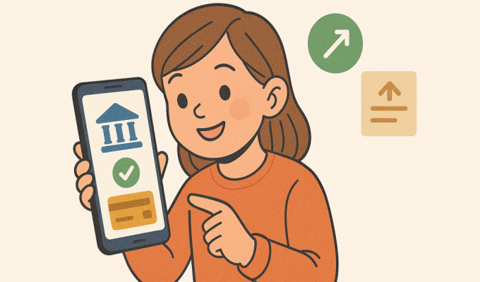 Uśmiechnięta dziewczynka z brązowymi włosami do ramion, ubrana w pomarańczową bluzę. W lewej ręce trzyma smartfon z otwartą aplikacją bankowości mobilnej.